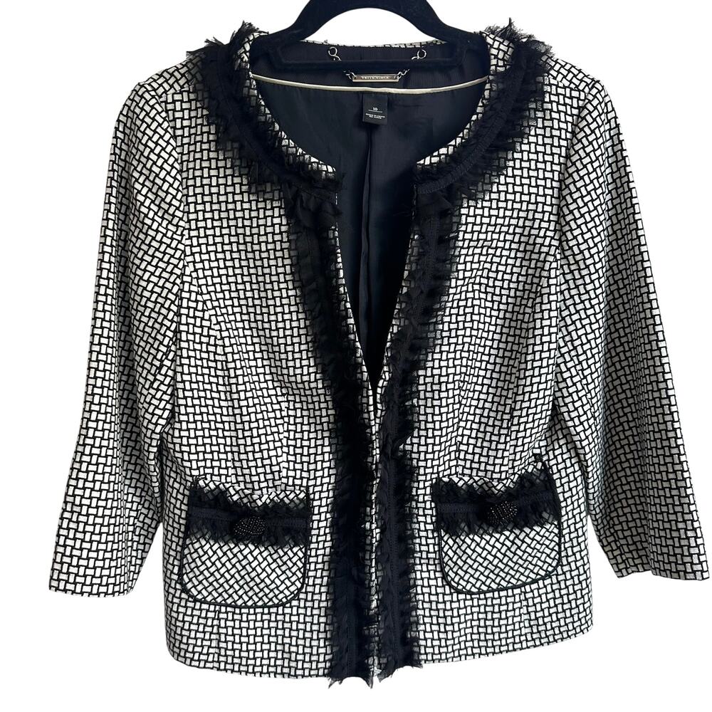 WHBM Open Cardigan Blazer Sz 10 White Ruffle Accent Cropped Jacket‎ Large